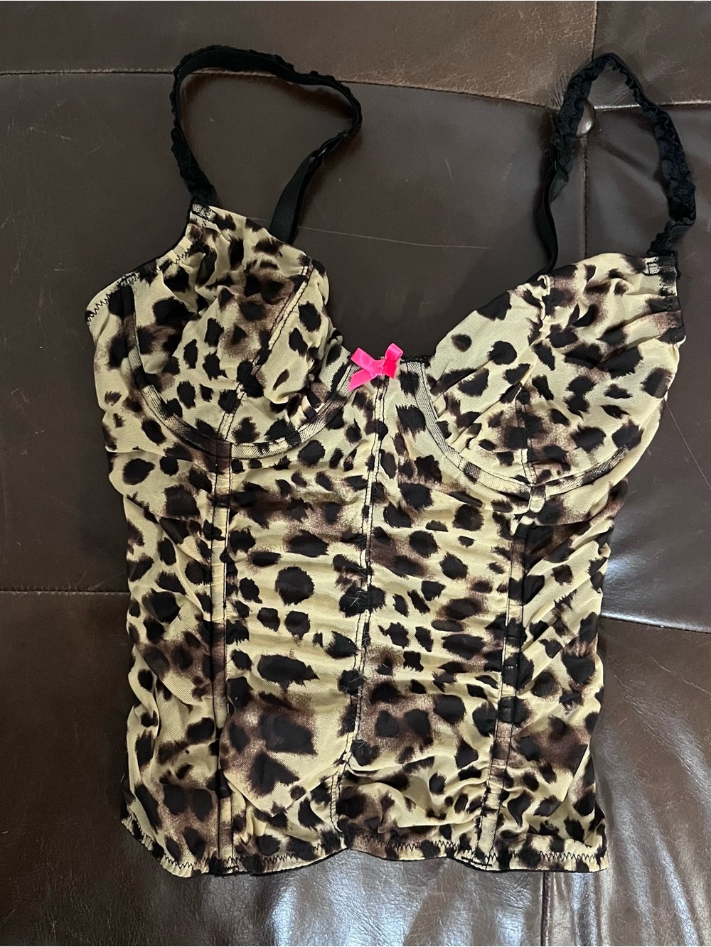 Forever 21 Black and Leopard Bustier with Pink Ribbon